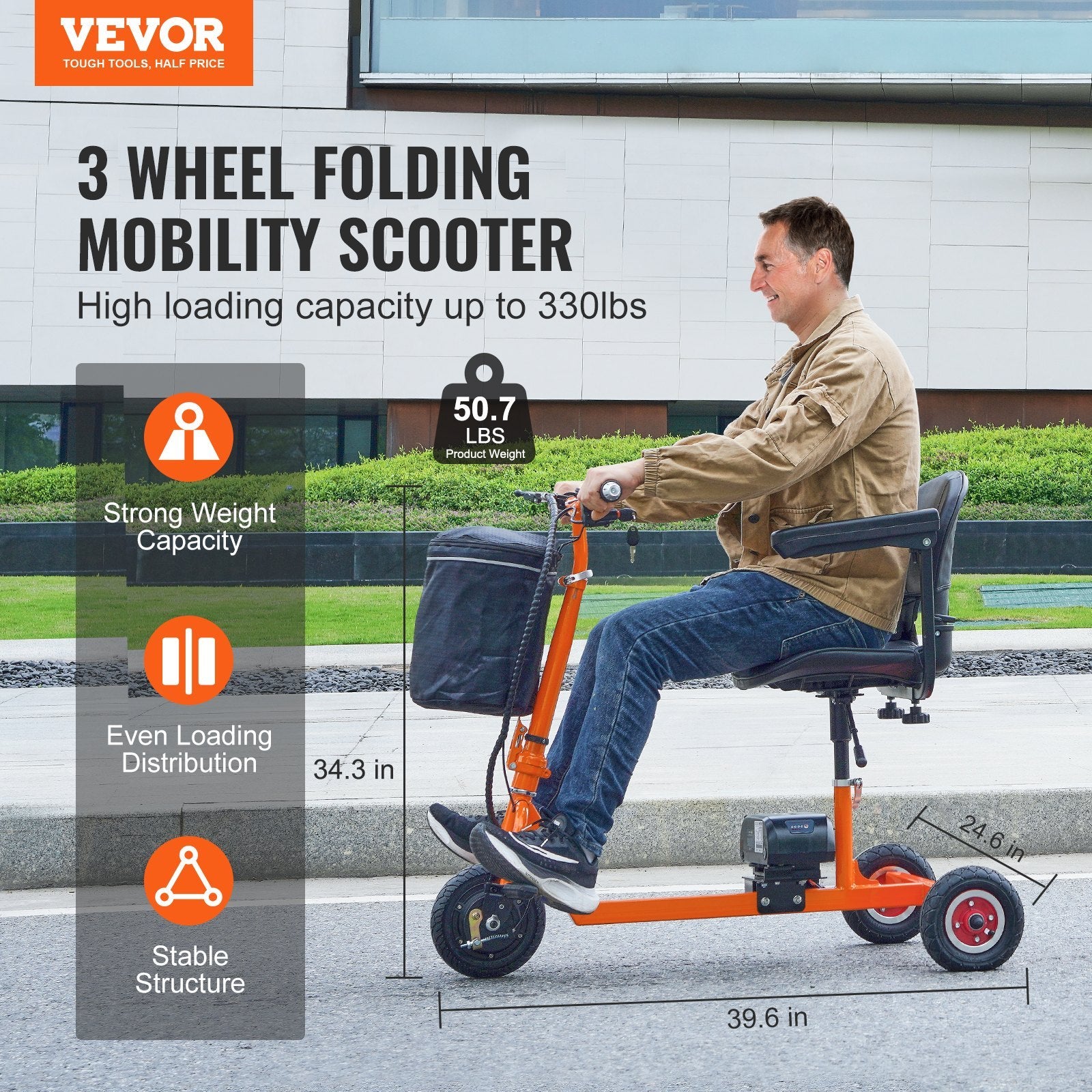 Foldable 3 Wheel Mobility Scooter For Seniors, Portable Electric Powered Mobility Scooter With 12 Mile Long Range, All Terrain Travel Wheelchair With 48V Lithium-ion Battery, Max Support 330LBS