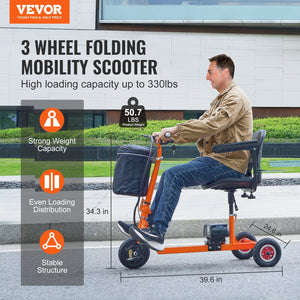 Foldable 3 Wheel Mobility Scooter For Seniors, Portable Electric Powered Mobility Scooter With 12 Mile Long Range, All Terrain Travel Wheelchair With 48V Lithium-ion Battery, Max Support 330LBS